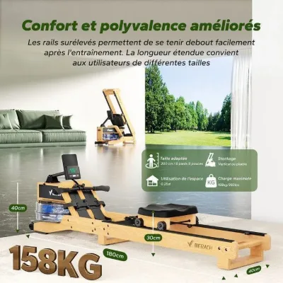 Rameur à eau Pliable PRO- MERACH - 15 L - 6 repères de remplissage - Connectivité APP - Ecran LCD - Max 150kg - Bois — 4