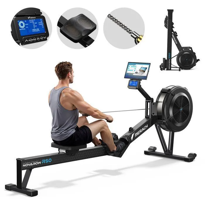 Rameur à air – R50 Air MERACH - 10 Niveaux – Siège Ergonomique - Facile à Ranger – Support téléphone - Bluetooth/App Exclusive